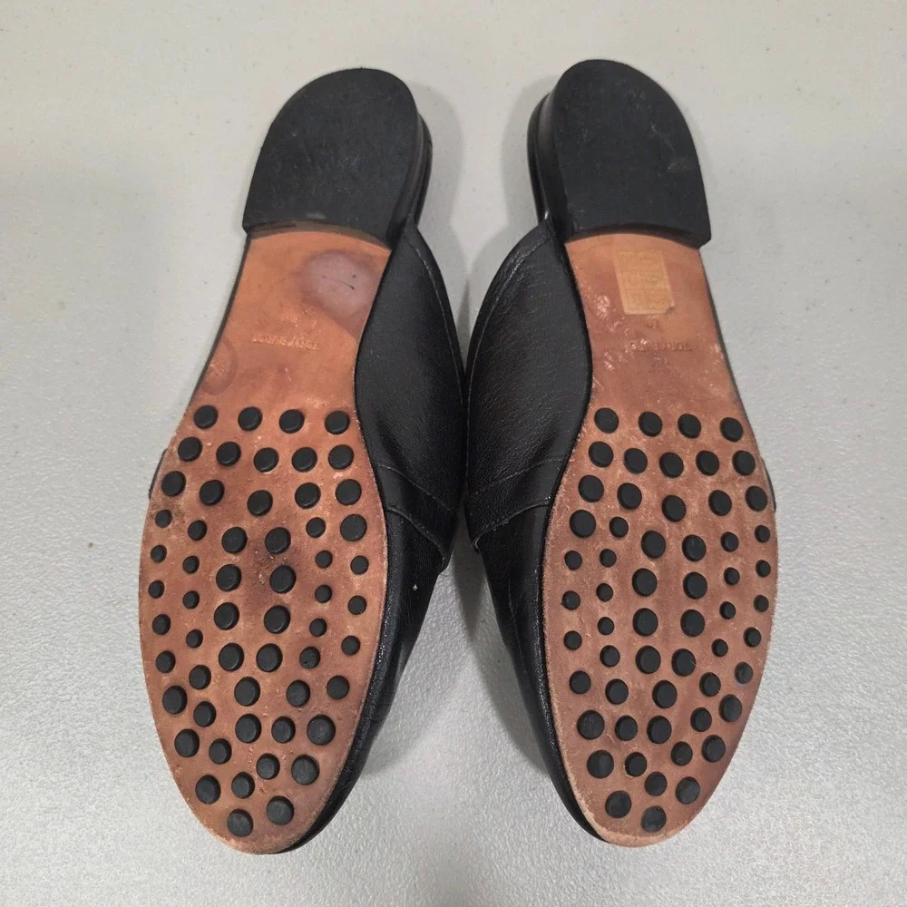 Tory Burch Georgia Backless Loafer Mule 8M Black Leather Gold Buckle Flat Chic